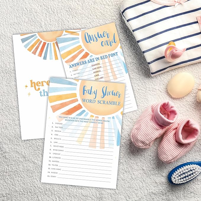 Sunshine Theme Word Scramble Game Kit -ro Baby Shower Game with 30 Cards + Answer Card - Watercolor Sun Theme, Gender Reveal & Announcement Party Favor