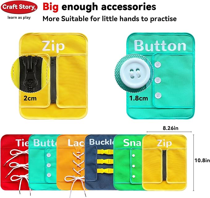 Craftstory Busy Board Montessori Toys for Toddler Boys Girls Birthday Gifts, 6 Sensory Basic Life Skills Dressing, Fine Motor Skills Toys for Educational Activities