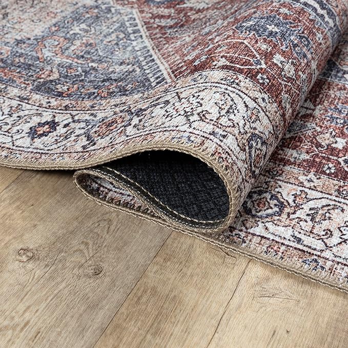 Bloom Rugs Washable Non-Slip 12 ft Runner - Red/Blue Traditional Medallion Runner for Entryway, Hallway, Bathroom, and Kitchen - Exact Size: 2.5' x 12'