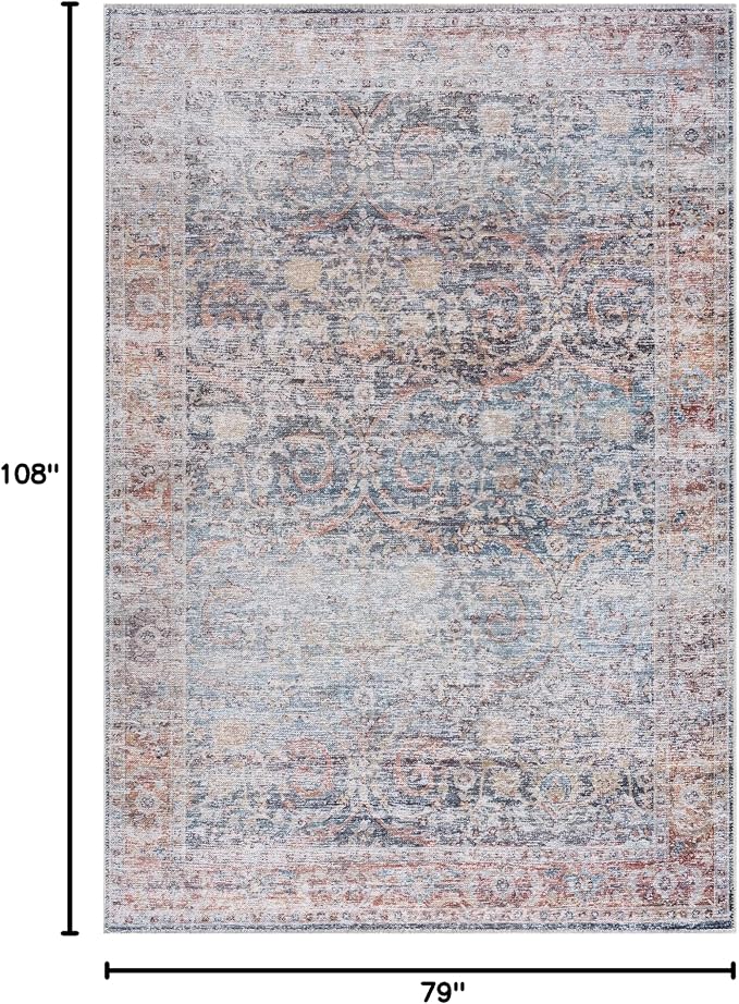 Bloom Rugs Caria Washable Non-Slip 6x9 Rug - Ocean Blue/Brick Traditional Area Rug for Living Room, Bedroom, Dining Room, and Kitchen - Exact Size: 6' x 9'