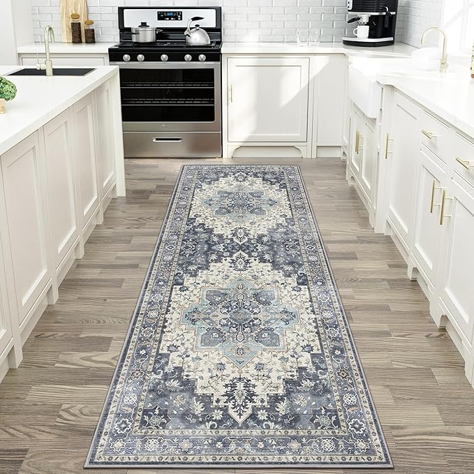 GENIMO 2x7 Runner Rugs for Hallway, Machine Washable Non Slip Vintage Rugs, Low Pile Lightweight Soft Print Rug for enrtyway, Corridor, Home Office, Kitchen, Center Blue