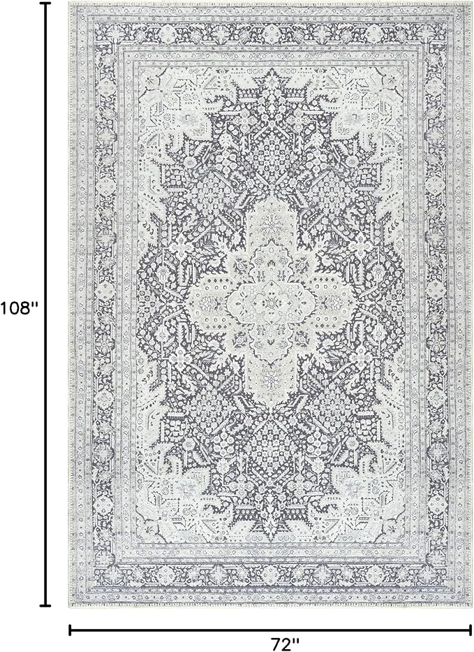 Bloom Rugs Washable Non-Slip 6' x 9' Rug - Charcoal Blue Traditional Medallion Area Rug for Living Room, Bedroom, Dining Room, and Kitchen - Exact Size: 6' x 9'