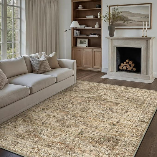 Brown Multi Area Rug 6x9 Vintage Washable Distressed Living Room Carpet Large Indoor Non Slip Traditional Medallion Retro Low Pile Accent Throw Rug Bedroom Kitchen Office Dining Room