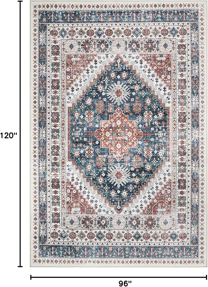 zesthome 8x10 Area Rugs for Living Room,Non-Slip Backing Washable Rugs,Vintage Large Area Rug,Stain Resistant Home Decor Rug (Navy Blue/Red,8'x10')