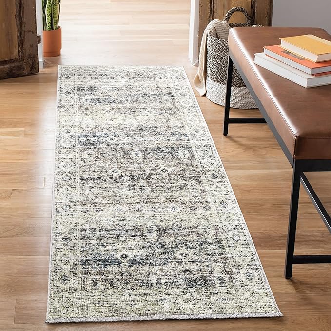 Bloom Rugs Caria Washable Non-Slip 7 ft Runner - Beige Brown/Teal Traditional Runner for Entryway, Hallway, Bathroom, and Kitchen - Exact Size: 2'6" x 7'