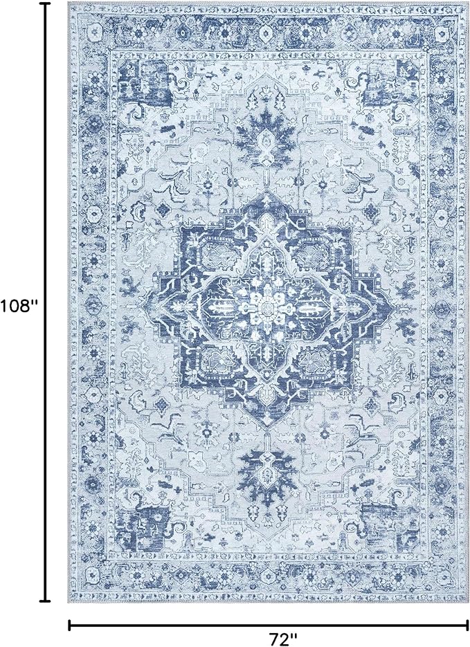 Bloom Rugs Washable Non-Slip 6' x 9' Rug - Gray/Blue Traditional Medallion Area Rug for Living Room, Bedroom, Dining Room, and Kitchen - Exact Size: 6' x 9'