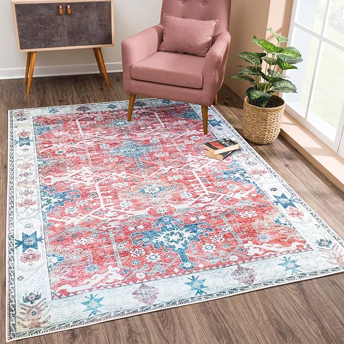 Bloom Rugs Washable Non-Slip 8' x 10' Rug - Red/Blue Traditional Area Rug for Living Room, Bedroom, Dining Room, and Kitchen - Exact Size: 8' x 10'