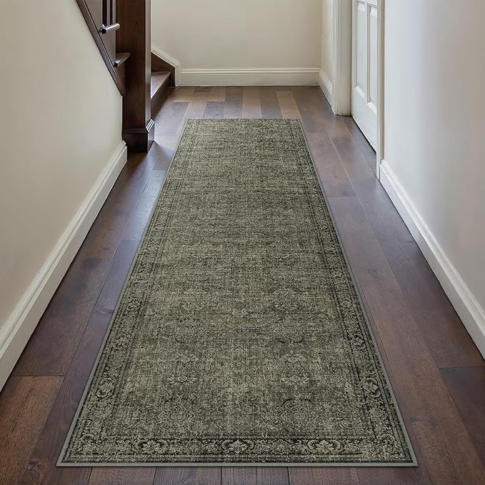 Vintage Runner Rug 2x8 Washable Hallway Carpet Non Slip Long Olive Brown Bedroom Low Pile Kitchen Distressed Retro Accent Throw Rug for Bathroom Dining Laundry Living Room