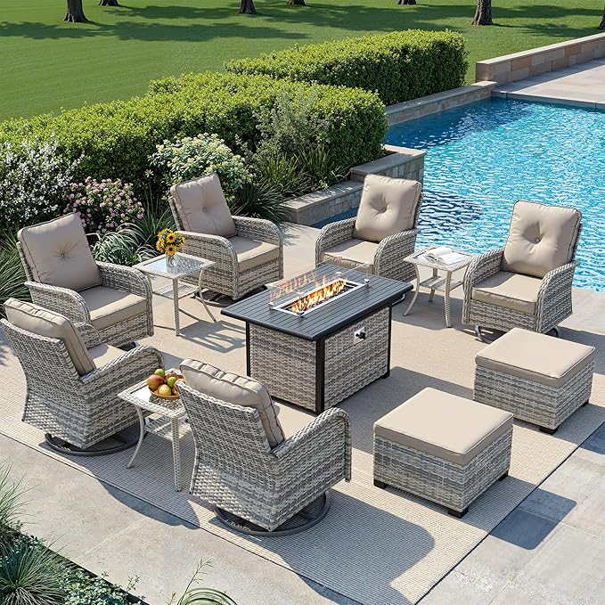 12-Piece Small Patio Furniture Set, Outdoor Swivel Rocking Chairs Set with 55,000 BTU Fire Pit Table Wicker Chairs and Ottomans, Patio Bistro Set for Balcony, Deck, Porch, Khaki