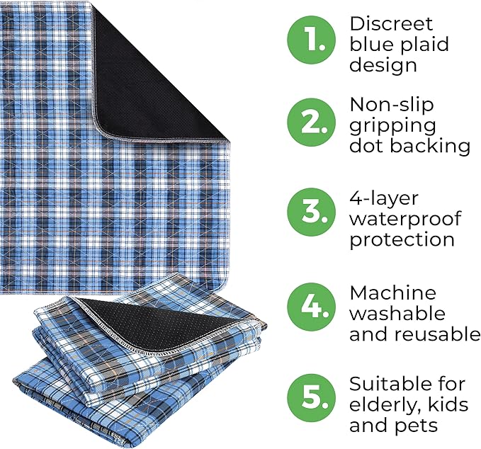 Bed Pads Washable Waterproof, Incontinence Bed Pads for Women and Men, Reusable Waterproof Mattress Protector, Non-Slip, 36" x 34", Blue Plaid, 2 Pack