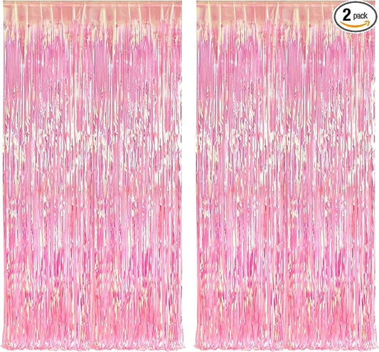 BRAVESHINE Clear Pink Streamers Party Decorations Iridescent Foil Fringe Backdrop - 2 Pack 3.2 x 6.5 ft Holographic Tinsel Curtain Party Photo Backdrop for Valentine’s Girl Birthdays Engagement Decor