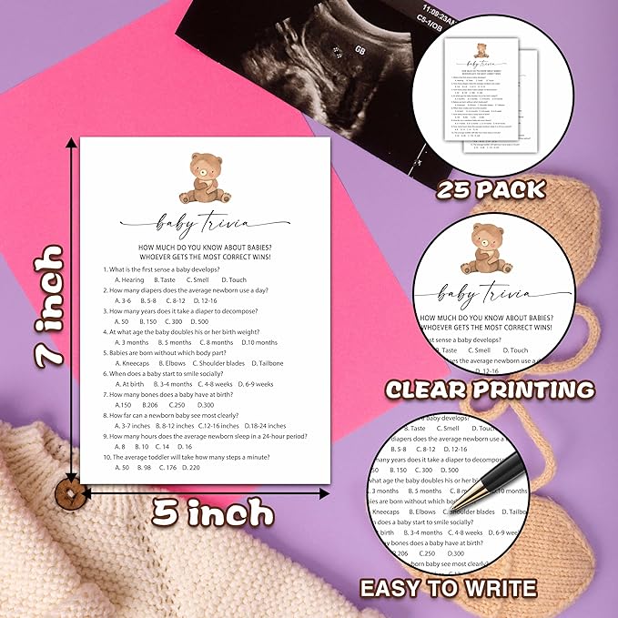 Baby Trivia Games Set, Minimalism Baby Shower Party Game Card, Boho Bear Themed Gender Neutral Party Ideas Activities, Baby Shower Party Supplies & Decorations -A01