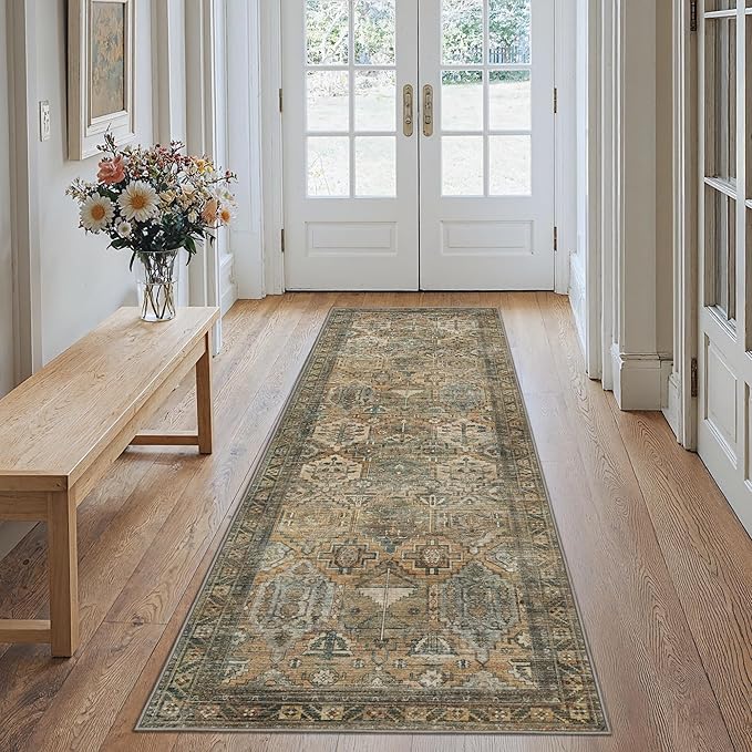 GENIMO 2x12 Runner Rugs for Hallway, Machine Washable Non Slip Vintage Rugs, Low Pile Lightweight Soft Print Rug for enrtyway, Corridor, Home Office, Kitchen, Warm Taupe