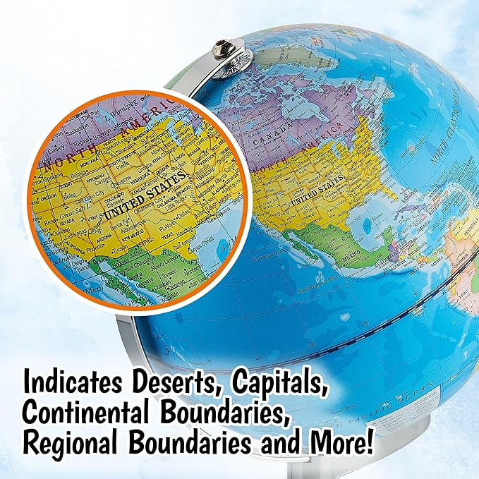 USA Toyz Illuminated Globe for Kids Learning- 3-in-1 STEM Globes of the World with Stand, Constellation Map, Built-in LED Night Light Desk Globe Lamp, Non-Tip Metal Base, 9.75” Tall, 7 Inch Diameter