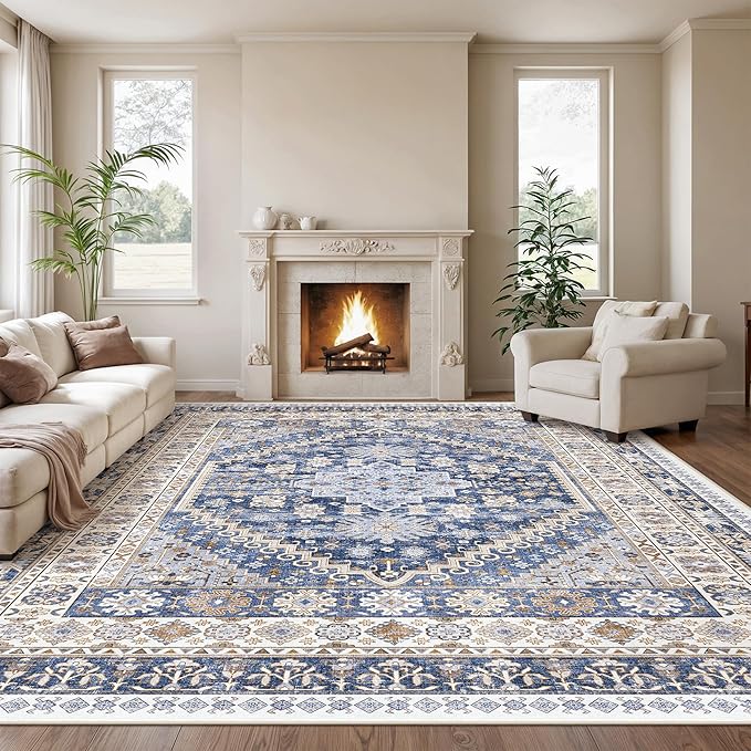 zesthome 12x15 Area Rugs, Large Washable Rug, Ultra-Thin Stain Resistant Rugs for Living Room, Bedroom, Non-Slip Backing Home Decor Area Rug (Blue/Beige,12'x15')