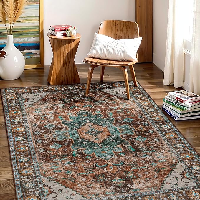 Ciicool Area Rug 5x7ft Washable Rugs for Living Room Non-Slip Indoor Rugs Large Low-Pile Mat Floor Carpet Vintage Rug for Bedroom Dinning Foyer Decor (Brick Red/Dull Teal)