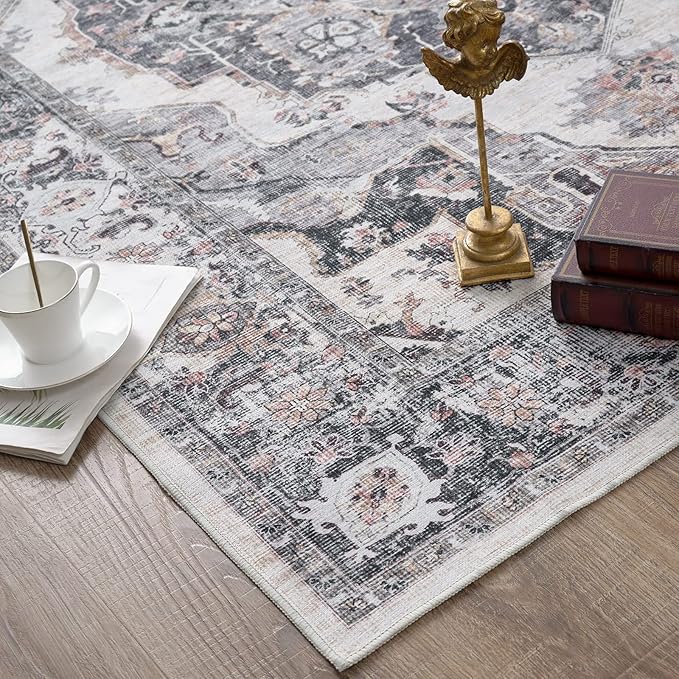 jinchan Area Rug 4x6 Washable Vintage Rug Floor Cover Traditional Thin Grey Multi Distressed Floral Print Indoor Mat for Bedroom Living Room Kitchen Dining Room