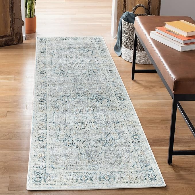Bloom Rugs Washable Non-Slip 7 ft Runner - Cream/Light Blue/Teal Traditional Medallion Runner for Entryway, Hallway, Bathroom, and Kitchen - Exact Size: 2.5' x 7'