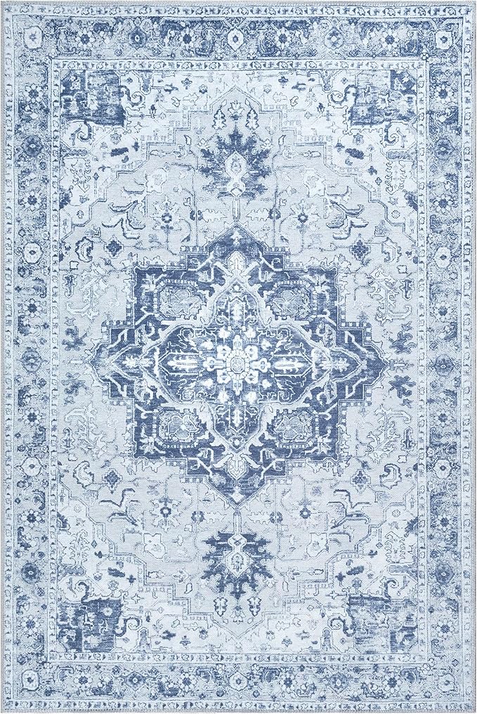 Bloom Rugs Washable Non-Slip 5' x 7' Rug - Gray/Blue Traditional Medallion Area Rug for Living Room, Bedroom, Dining Room, and Kitchen - Exact Size: 5' x 7'