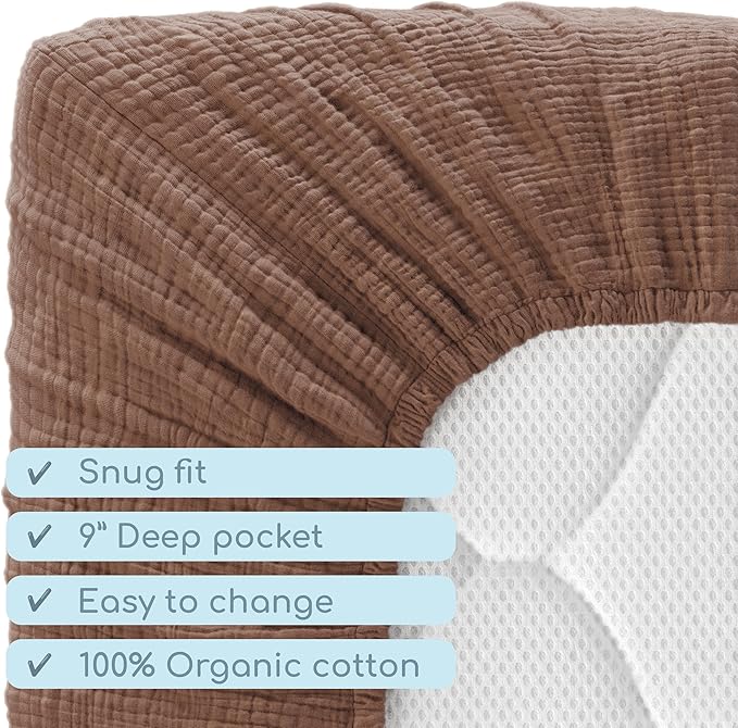 Muslin Crib Sheets, 100% Organic Cotton, Breathable and Ultra-Soft, Standard Crib Sheet Mattress (28"x 52") for Girls and Boys, Neutral Fitted Baby Crib Sheet (Brown)