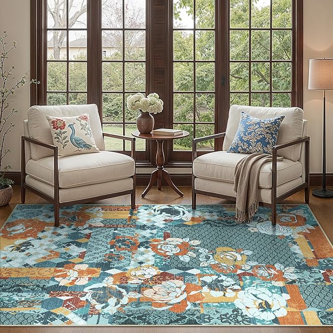 GENIMO 5X7 Floral Area Rugs for Living Room, Machine Washable Non Slip Vintage Patchwork Washable Rug, Ultra-Thin Low Pile Chenille Rugs for Bedroom, Dining Room, Navy Blue