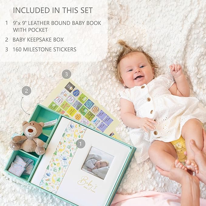 Keepsake Baby Memory Book With Box - Timeless Leather-Bound Milestone Book | Photo Memory Box to Record Baby Shower to Age 5 - Beautiful Gift for Girls and Boys