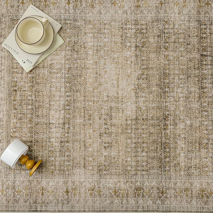 Brown 8x10 Area Rug for Living Room Washable Vintage Distressed Large Carpet Bedroom Low Pile Non Slip Indoor Soft Retro Throw Accent Rug Office Kitchen Bathroom Dining Room