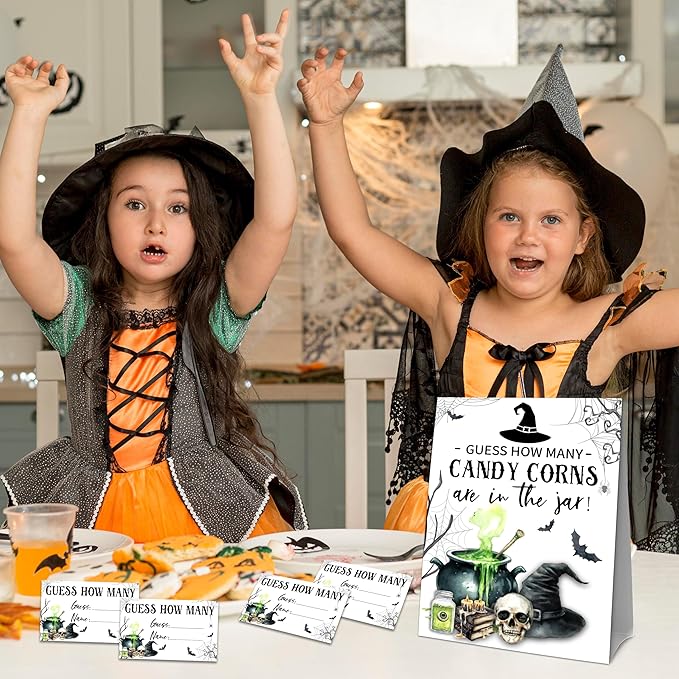 Halloween How Many Candy Corns Are In The Jar - 1 Standing Sign & 50 Guessing Cards - Halloween Witch Theme Party Game & Decoration For Boys, Girls, Adults - Baby Shower, Birthday Game Set - A07