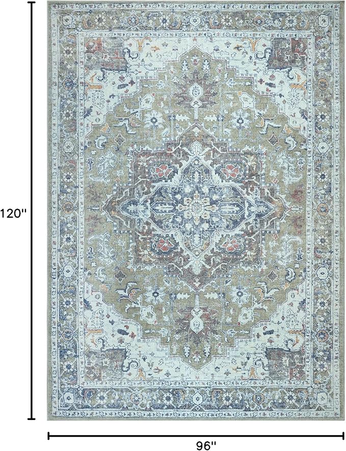 Bloom Rugs Washable Non-Slip 8' x 10' Rug - Green/Blue Traditional Medallion Area Rug for Living Room, Bedroom, Dining Room, and Kitchen - Exact Size: 8' x 10'