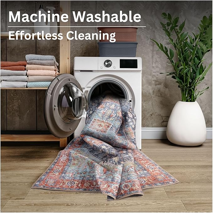 Bloom Rugs Washable Non-Slip 6' x 9' Rug - Terracotta/Blue Traditional Medallion Area Rug for Living Room, Bedroom, Dining Room, and Kitchen - Exact Size: 6' x 9'