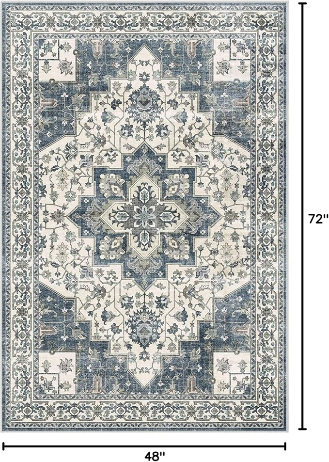 Dripex Vintage Washable Area Rug - 4x6 Distressed Rugs for Living Room Bedroom Oriental Medallion Floral Print Carpet Low-Pile Indoor Soft Non-Slip Accent Rug Farmhouse Office Home Decor
