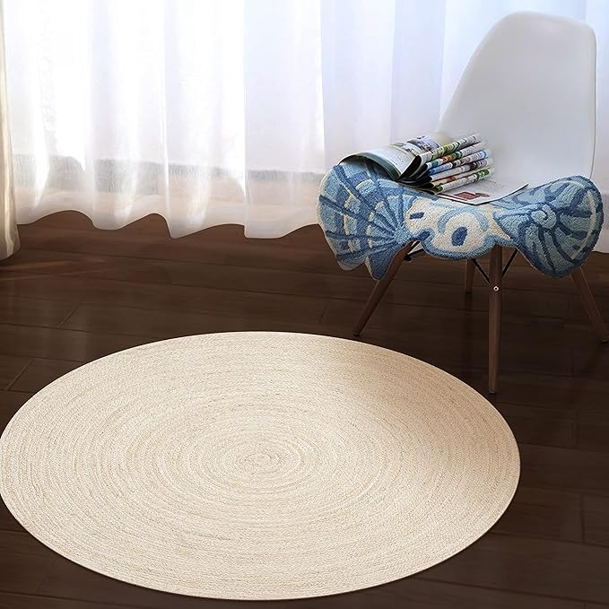 Hausattire Hand Woven Jute Braided Rug, 4’ Round – Off White, Reversible Boho Entry Area Rugs for Kitchen, Living Room I Farmhouse Decorative Floor Rug, 4 Feet Round