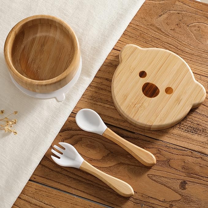 Baby Bowls with Lid,HBM Bamboo Suction Bowls for Baby and Spoon Set,3PC Feeding Supplies Set for Infant, Toddlers,Detachable Silicone Suction Stay Put Base for Wooden Bowl (Marble)