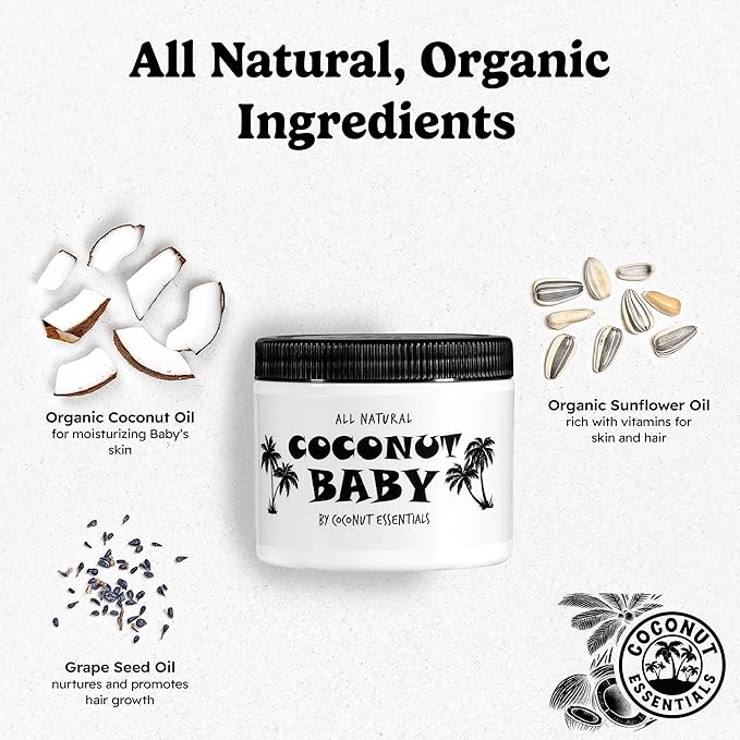 Coconut Essentials COCONUT BABY Oil, Natural & Organic Moisturizer for Newborn Sensitive Skin, Eczema & Psoriasis Relief, Hair Oil for Cradle Cap Treatment, Unscented, Sunflower & Grape Seed 8 fl oz