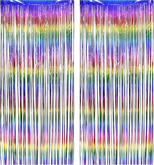 BRAVESHINE Fringe Backdrop Tinsel Foil Curtains - 2 Pack Colorful Metallic Streamers Backdrops for Doorway Decor/80's/90's/Dance/Graduates/Rainbows-Theme/Candylands/Kids Birthdays Party Decorations