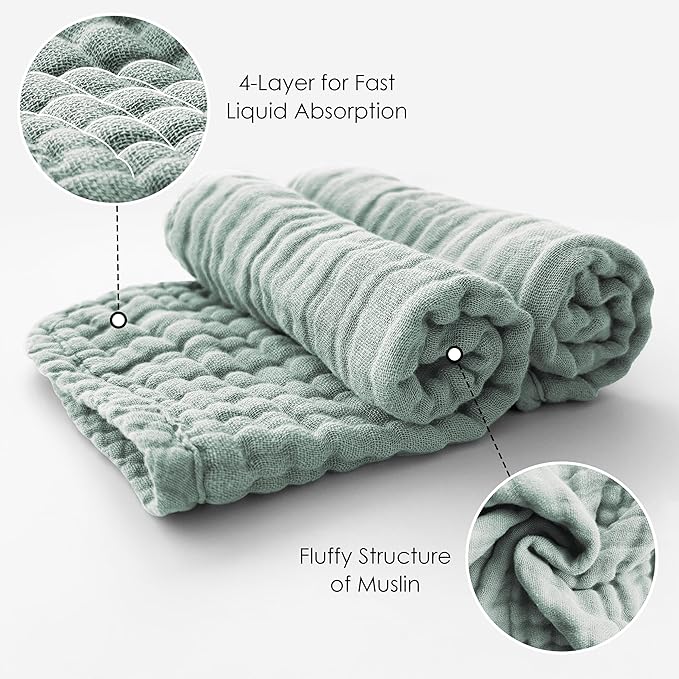 MOON PARK Baby Washcloths, 12 Pack - 12x12 Inches, Small Burp Cloths and Baby Wipes - 100% Cotton Muslin Ultra Soft for Newborn, Infant and Toddlers - Grey, Green and Slate
