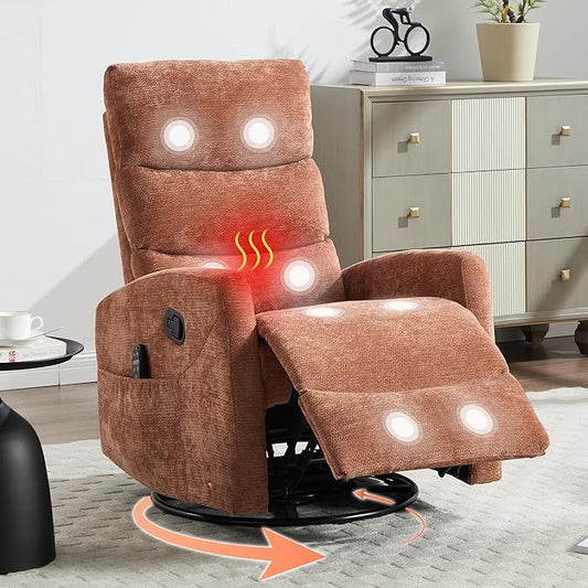 Manual Swivel Rocker Recliner Chair with Massage, Overstuffed Recliner Glider with Vibration Massage and Heat for Nursery, Living Room Reclining Sofa Chair, Fabric Orange