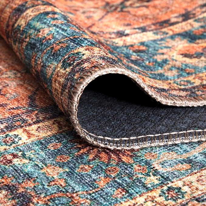 Bloom Rugs Washable Non-Slip 10 ft Runner - Orange/Teal Blue Traditional Bordered Runner for Entryway, Hallway, Bathroom, and Kitchen - Exact Size: 2.5' x 10'