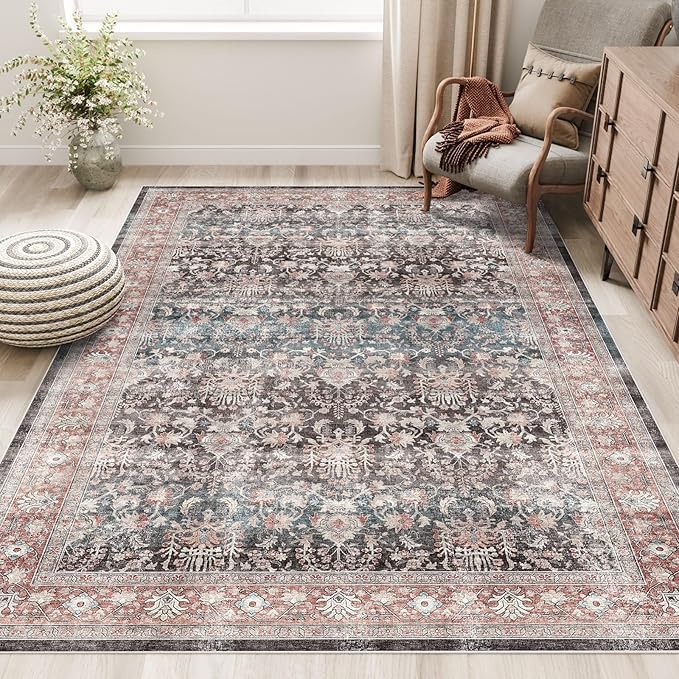 Dripex Vintage Washable Area Rug - 5x8 Distressed Rugs for Living Room Bedroom Oriental Medallion Floral Print Carpet Low-Pile Indoor Soft Non-Slip Accent Rug Farmhouse Office Home Decor