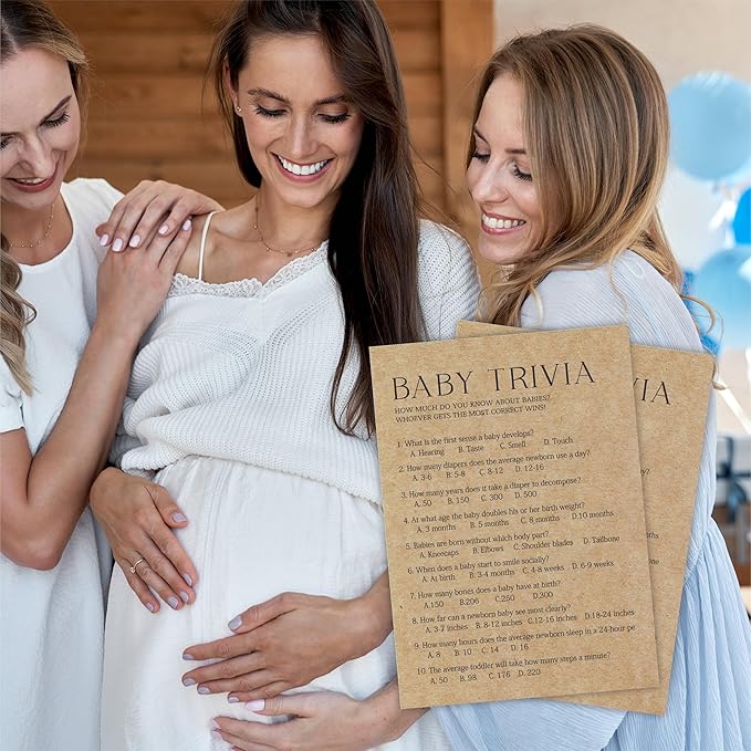 Baby Shower Game Card - Set Of 30 Kraft Paper Double Print - Baby Trivia Game Cards With 1 Answer Card For Baby Boy Girl, Baby Announcements, Gender Reveal Games, Party Favors And Supplies-B10