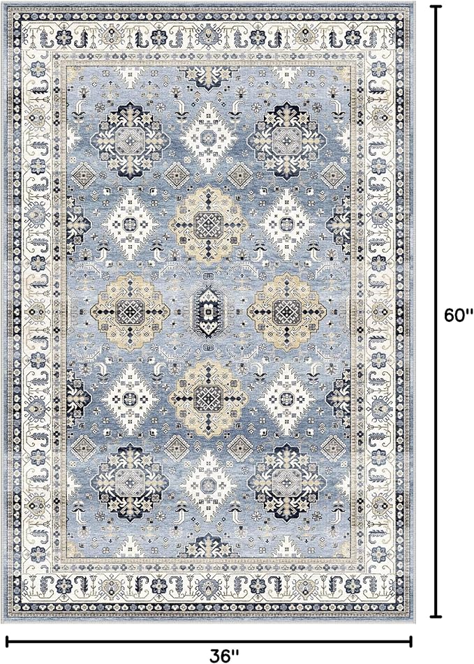 Dripex Vintage Washable Area Rug - 3x5 Entryway Rug for Indoor Door Mat Low-Pile Non-Slip Bedside Rug Bedroom Oriental Medallion Floral Print Carpet Soft Accent Rug Farmhouse Office Home Decor