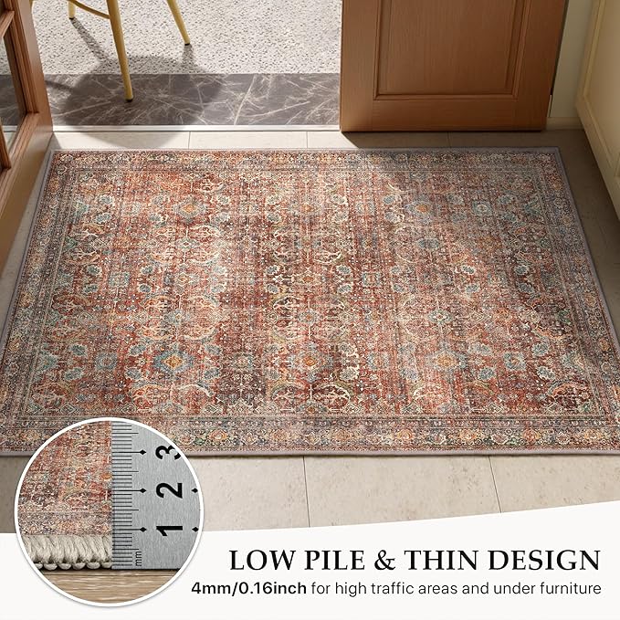 GENIMO 10x14 Area Rugs for Living Room, Machine Washable Non Slip Vintage Rugs, Low Pile Lightweight Chenille Print Rug for Bedroom, Dining Room, Home Office, Terracotta Indigo