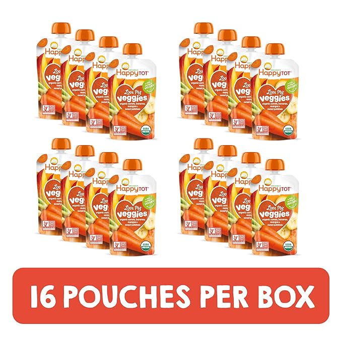 Happy Tot Organics Stage 4 Baby Food Pouches, Gluten Free, Vegan Snack, Love My Veggies, Fruit & Veggie Puree, Carrot, Banana, Mango & Sweet Potato, 4.22 Ounce (Pack of 16)