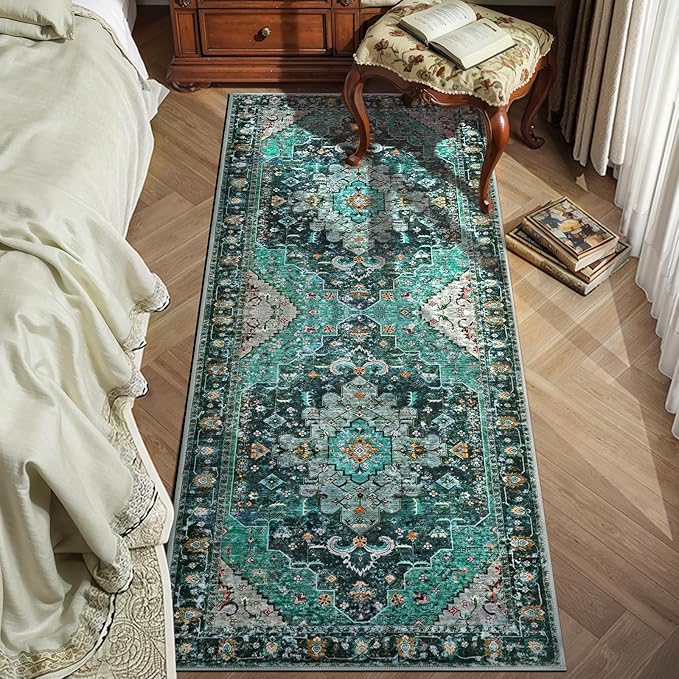 Ciicool Washable Runner Rug Nonslip, 2'x6' Teal Hallway Rug Non-Slip Vintage Kitchen Rugs Carpet Runner for Bedroom Laundry Bathroom Decor