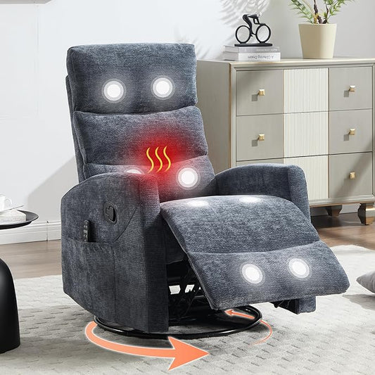 Manual Swivel Rocker Recliner Chair with Massage, Overstuffed Recliner Glider with Vibration Massage and Heat for Nursery, Living Room Reclining Sofa Chair, Fabric Blue