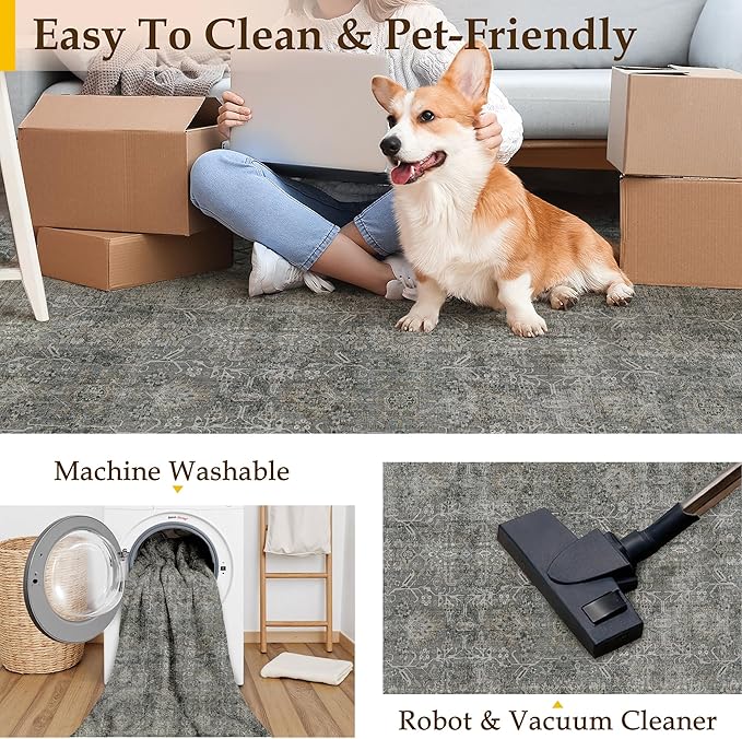 Vintage Area Rug 8x10 Grey Brown Washable Living Room Large Carpet Non Slip Bedroom Indoor Office Low Pile Traditional Distressed Retro Accent Rug for Dining Room