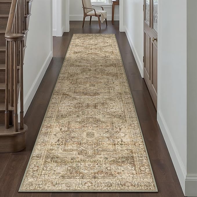 Brown Multi Hallway Runner Rug 3x7 Vintage Washable Distressed Area Carpet Kitchen Indoor Non Slip Long Traditional Medallion Retro Accent Throw Rug for Bedroom Laundry Dining Living Room