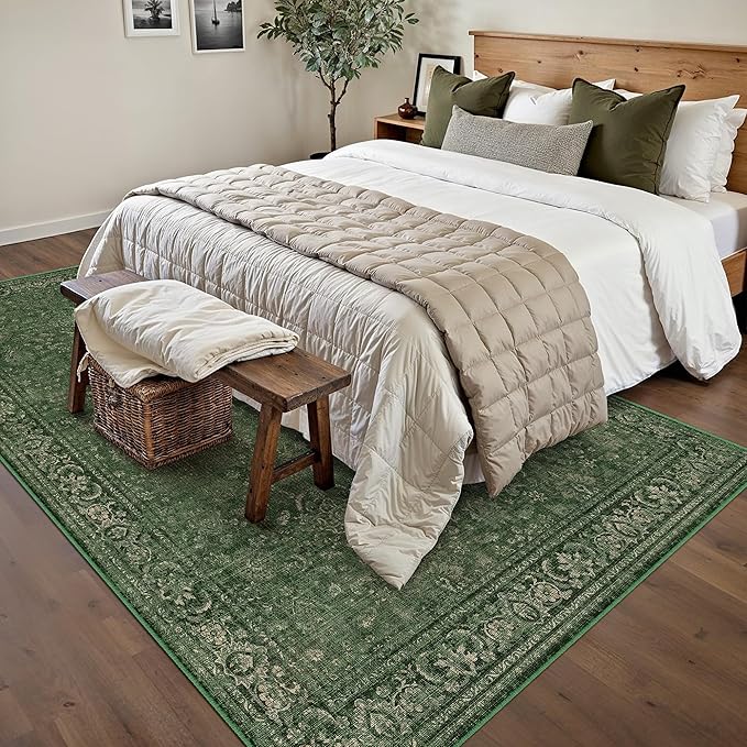 Vintage Area Rug 6x9 Washable Green Living Room Carpet Large Indoor Non Slip Bedroom Low Pile Kitchen Distressed Retro Accent Throw Rug for Dining Room