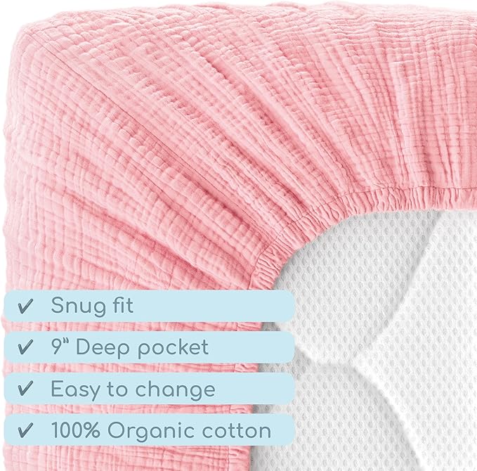 Muslin Crib Sheets, 100% Organic Cotton, Breathable and Ultra-Soft, Standard Crib Sheet Mattress (28"x 52") for Girls and Boys, Neutral Fitted Baby Crib Sheet (Pink)
