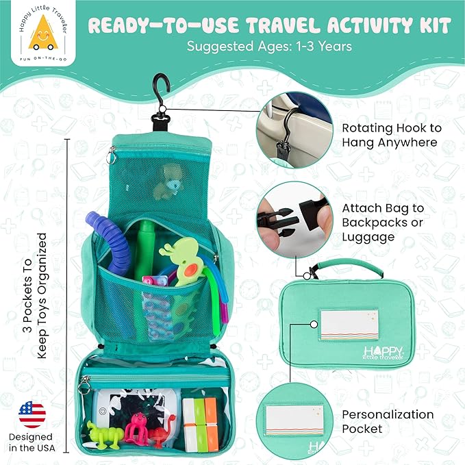 Travel Essentials for Kids – All-in-One Activity Kit for Travel, Road Trip Activities for Kids - Hanging Bag, Includes Toys and Activities for Airplanes, Hotels - Boys & Girls 3+ year, Toddler Seafoam